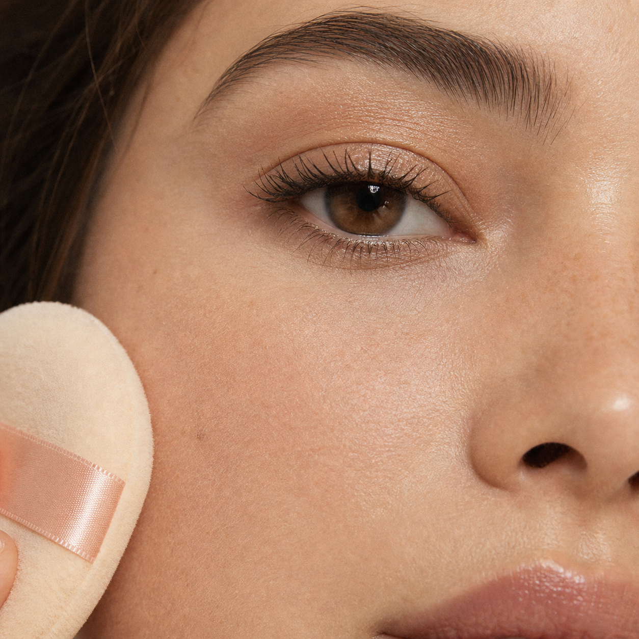 Close-up of powder puff pressed to model's cheek